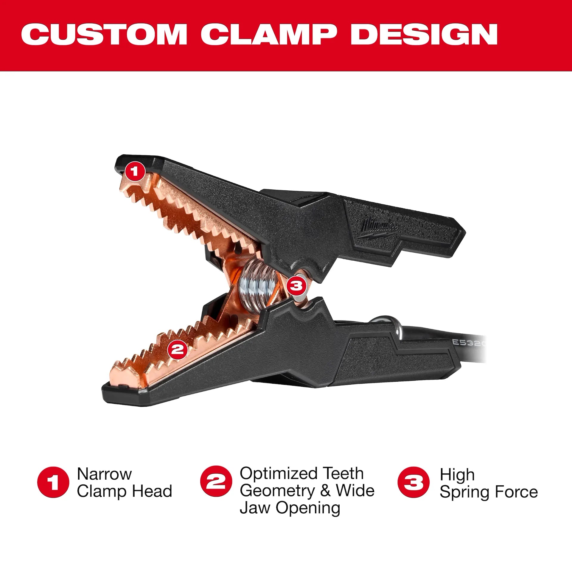 Black and copper battery jump starter clamp with narrow head, serrated jaws, and spring mechanism.