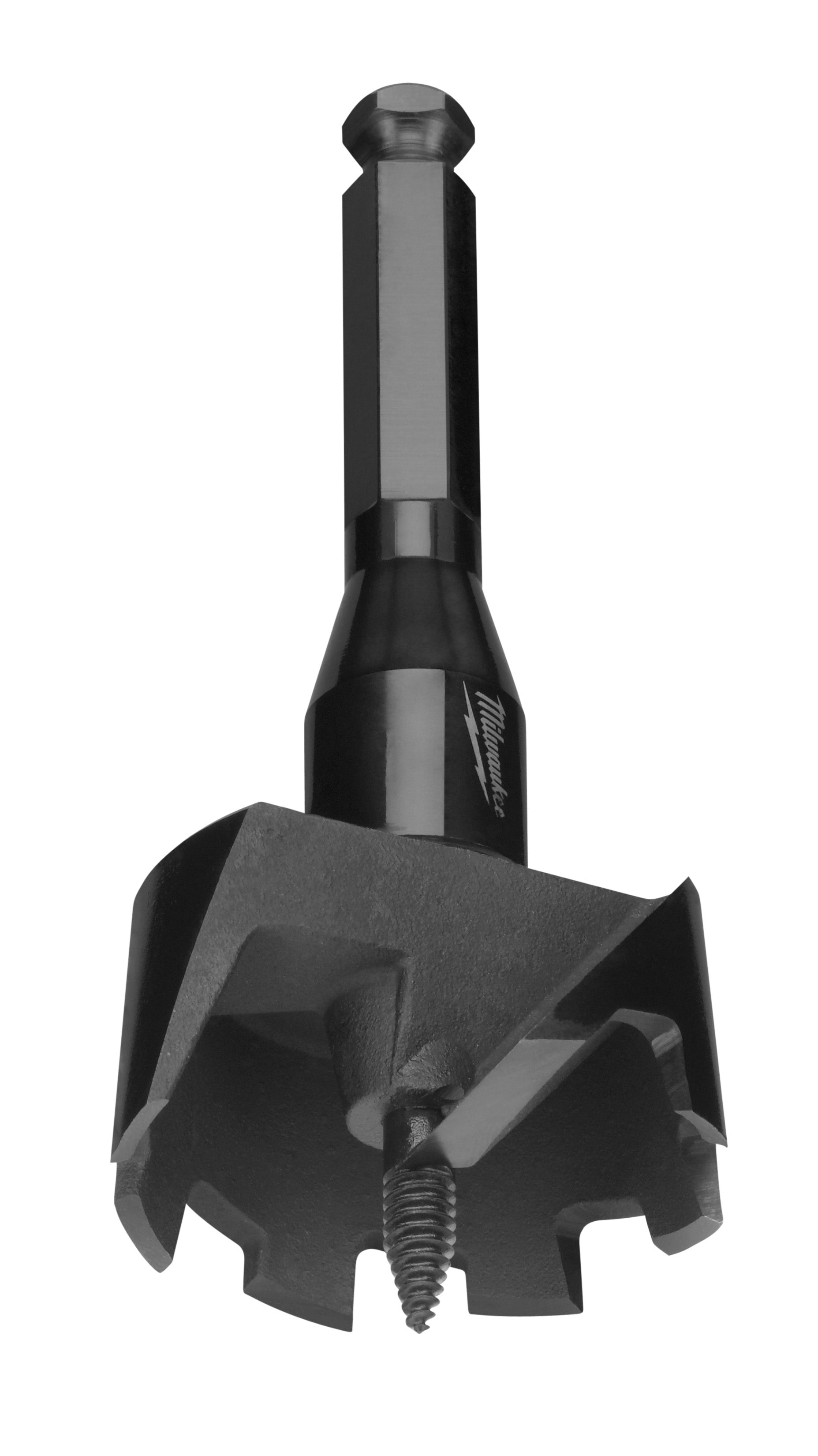 Milwaukee self-feed wood drilling bit with hex shank and sharp cutting edges, displayed vertically against white background.
