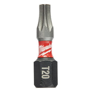 Milwaukee Shockwave T20 impact insert bit with red and black grip sleeve and gray metal tip.