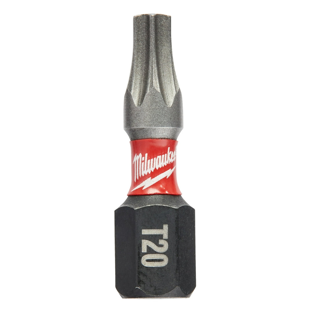 Milwaukee Shockwave T20 impact insert bit with red and black grip sleeve and gray metal tip.