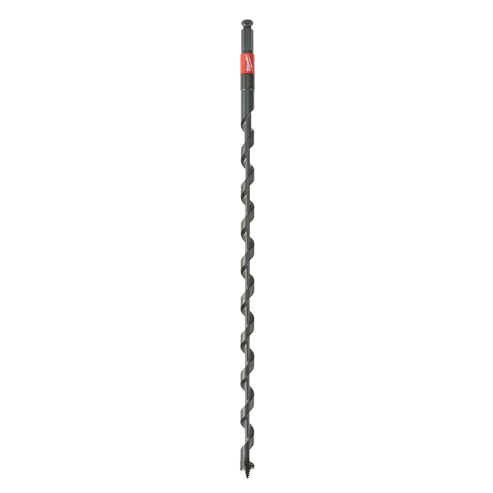 Black spiral auger bit with red band near the top and pointed tip at the bottom.