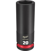 Black cylindrical socket with hexagonal opening, red base ring, and Milwaukee branding with "20" size marking.