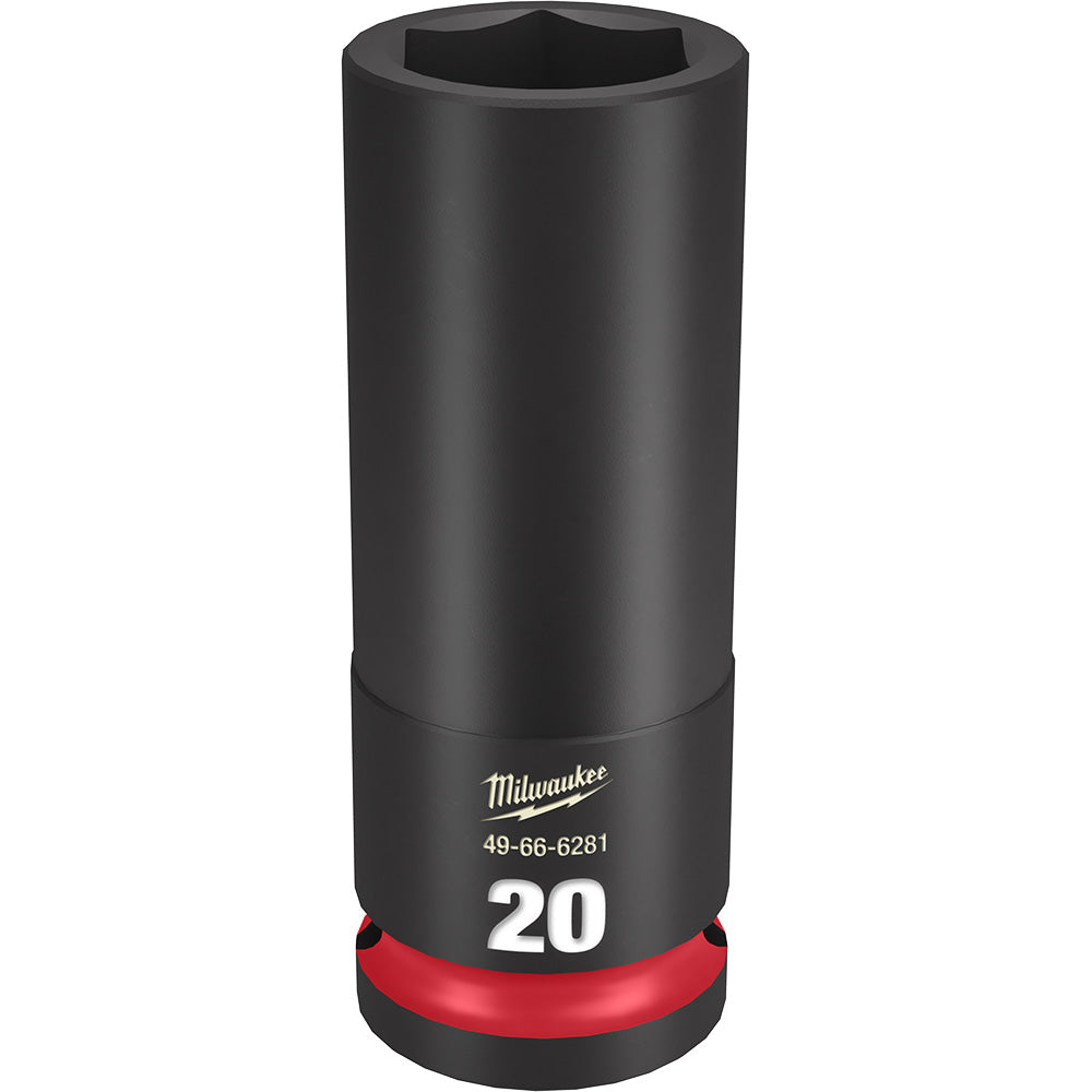 Black cylindrical socket with hexagonal opening, red base ring, and Milwaukee branding with "20" size marking.