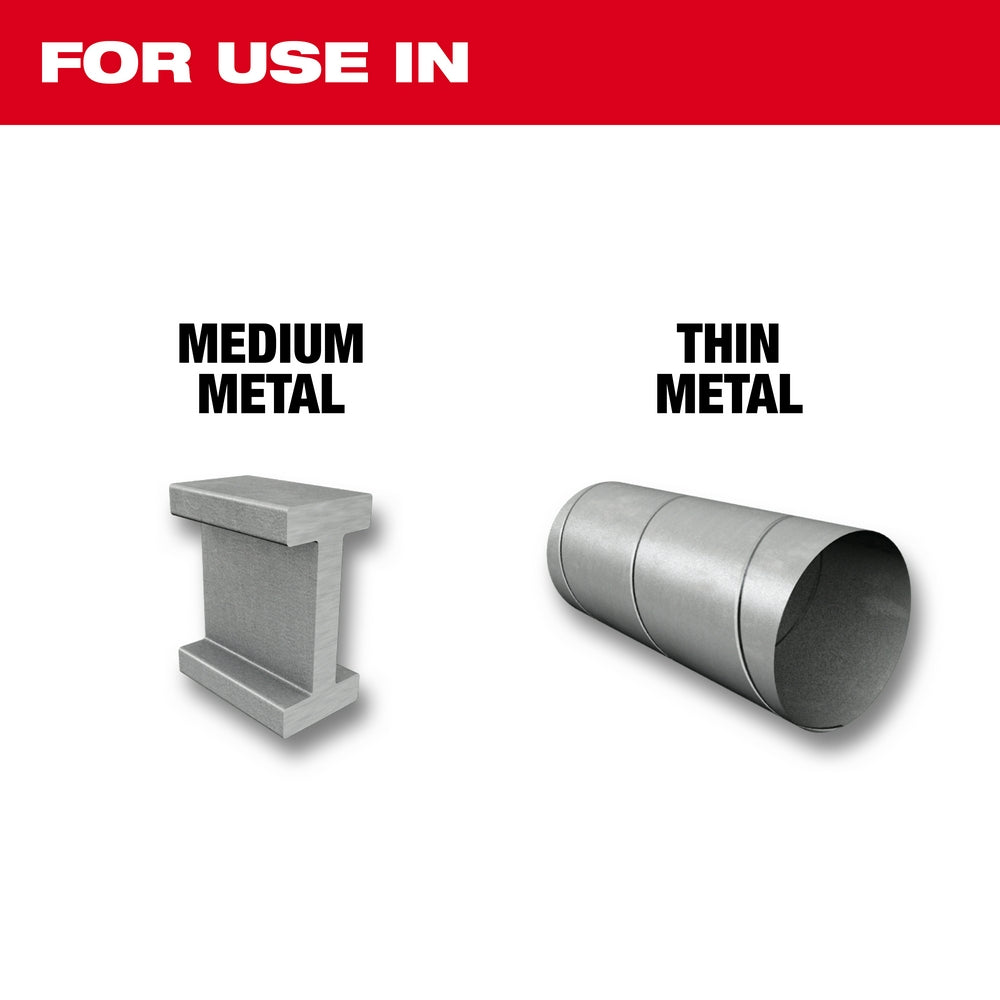 Chart showing M12 HACKZALL metal scroll blades for use in medium and thin metal materials.