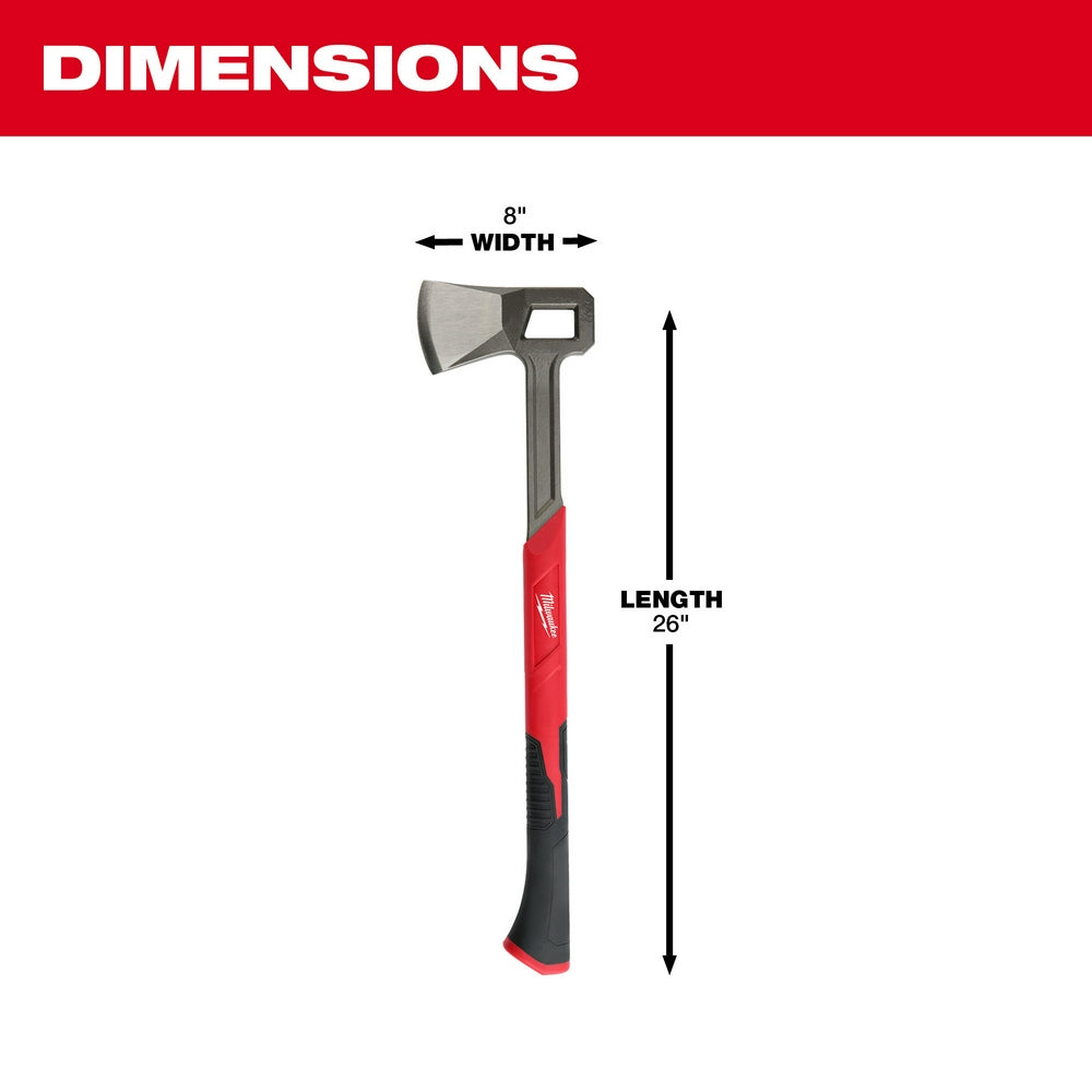 26" splitting axe with 8" steel head, red and black handle.