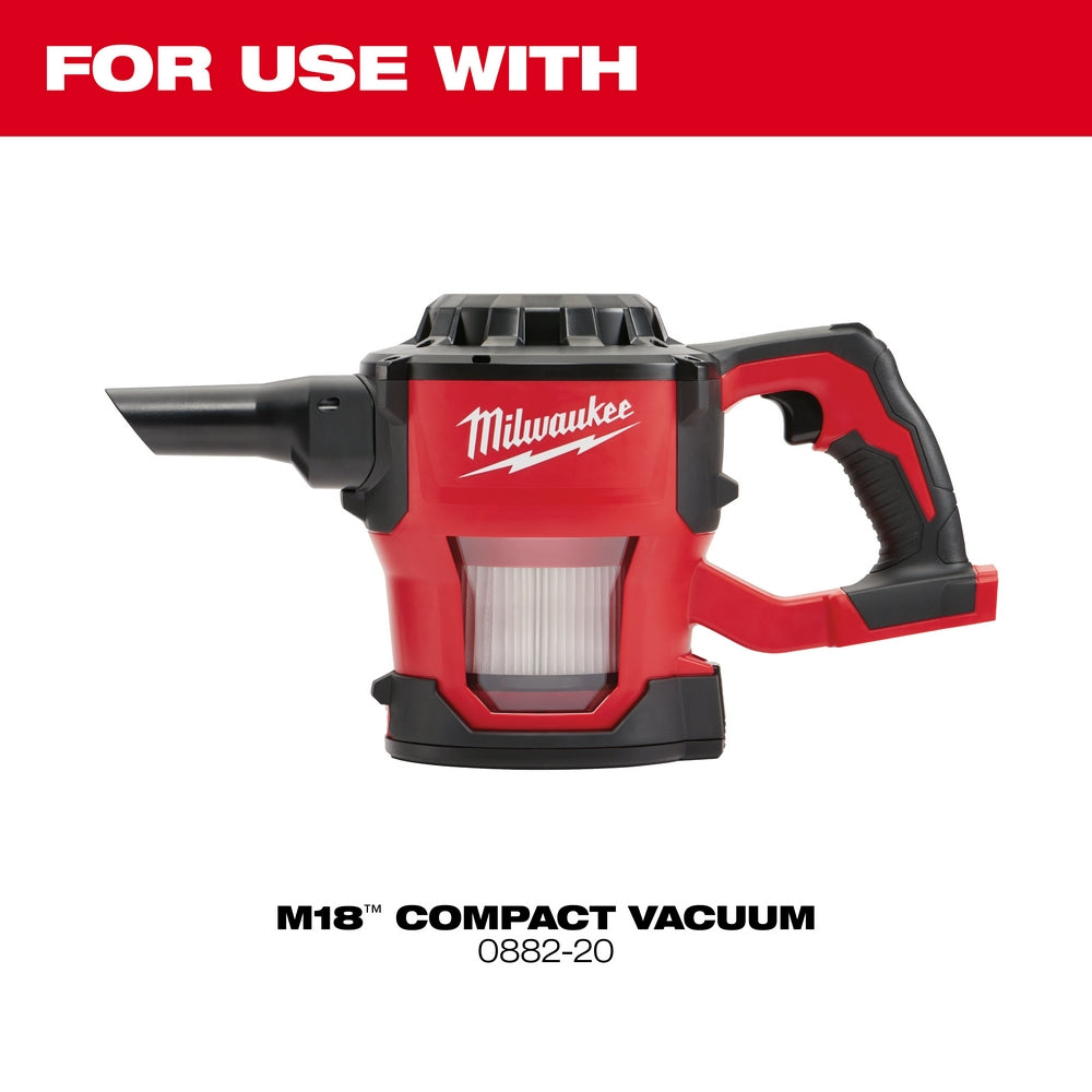 Two white cylindrical HEPA dry filter cartridges for Milwaukee M18 compact vacuum cleaner.