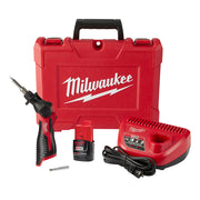 Milwaukee M12 soldering iron kit with red case, battery, charger, and accessories.