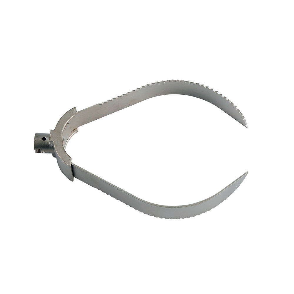 Metal root cutter with serrated curved blades and mounting bracket for sectional cable attachment.