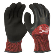 Pair of black and red insulated work gloves with black coated palms and red knit cuffs.