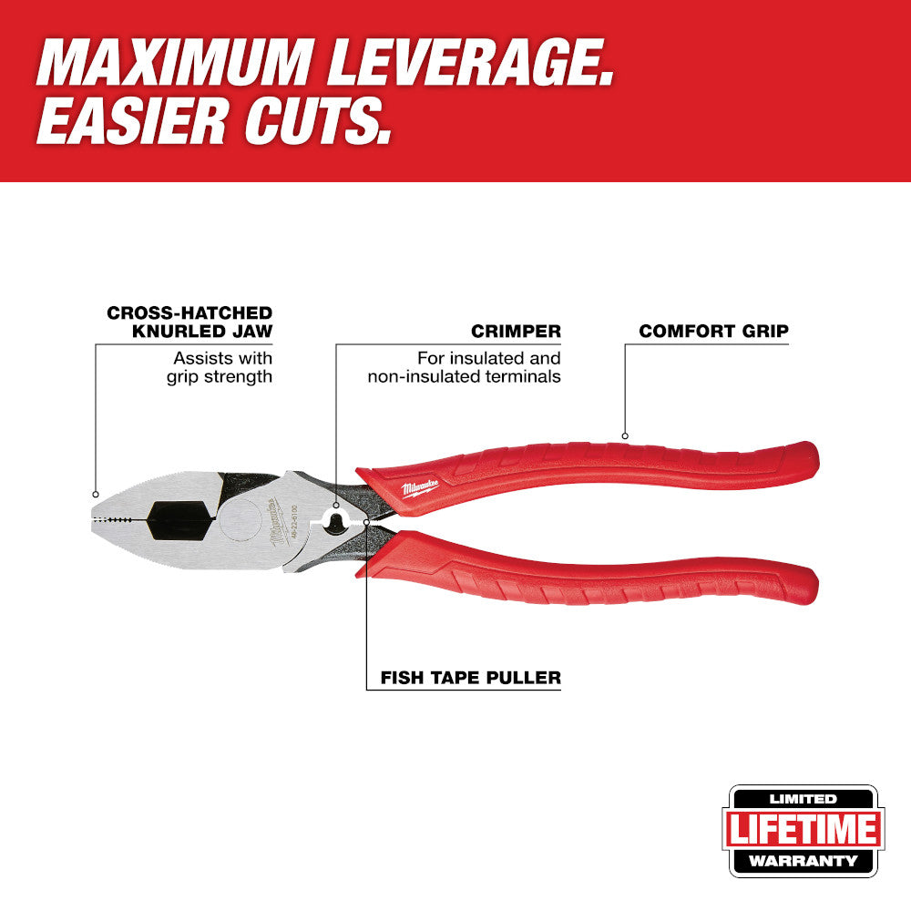 Milwaukee 9-inch lineman's pliers with red handles, cross-hatched jaw, crimper, and fish tape puller.