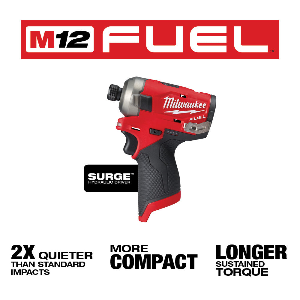 Milwaukee M12 FUEL red and black compact hydraulic driver with 1/4 inch hex chuck.