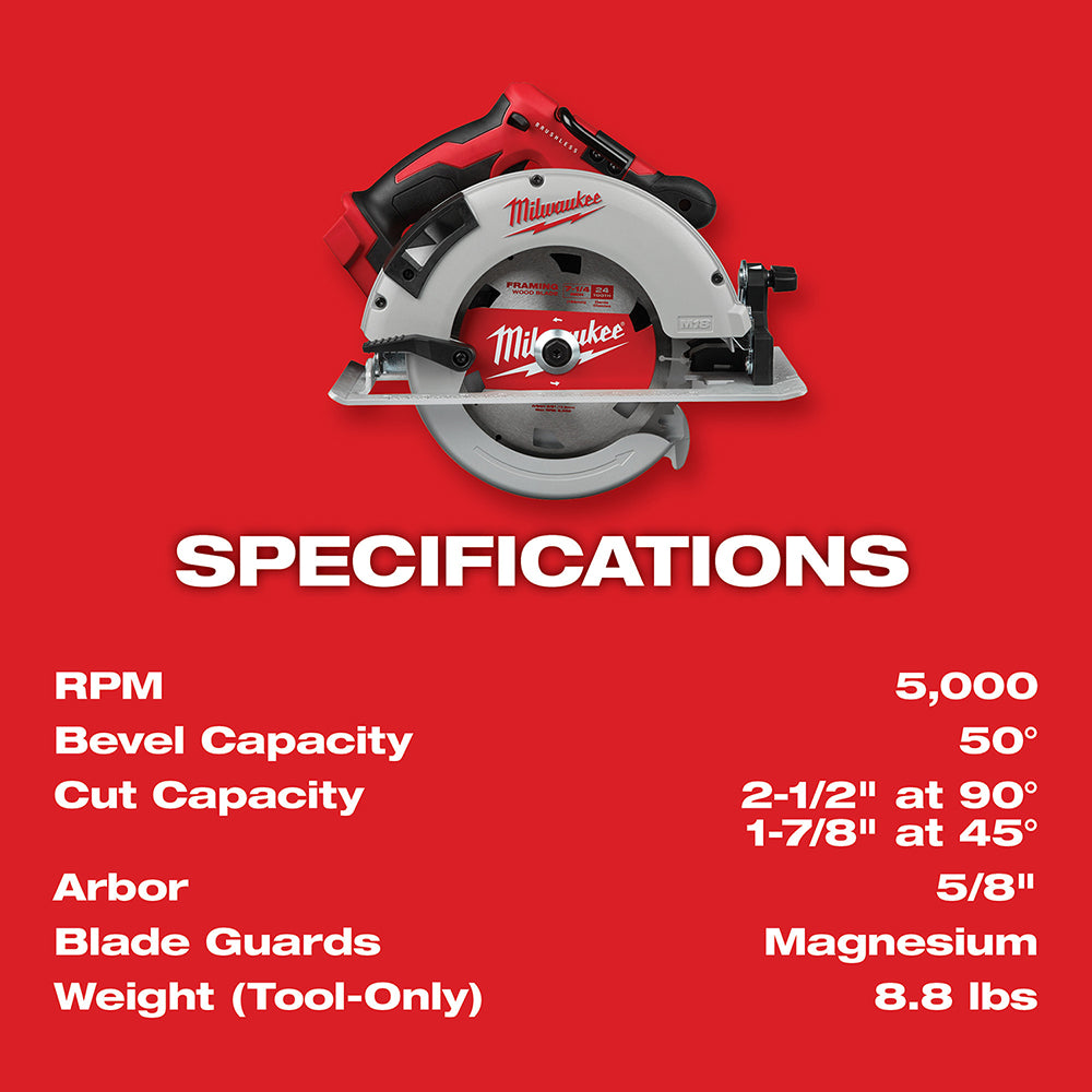 Milwaukee M18 brushless circular saw with red and white housing, black grip handle, and circular blade guard displayed agains