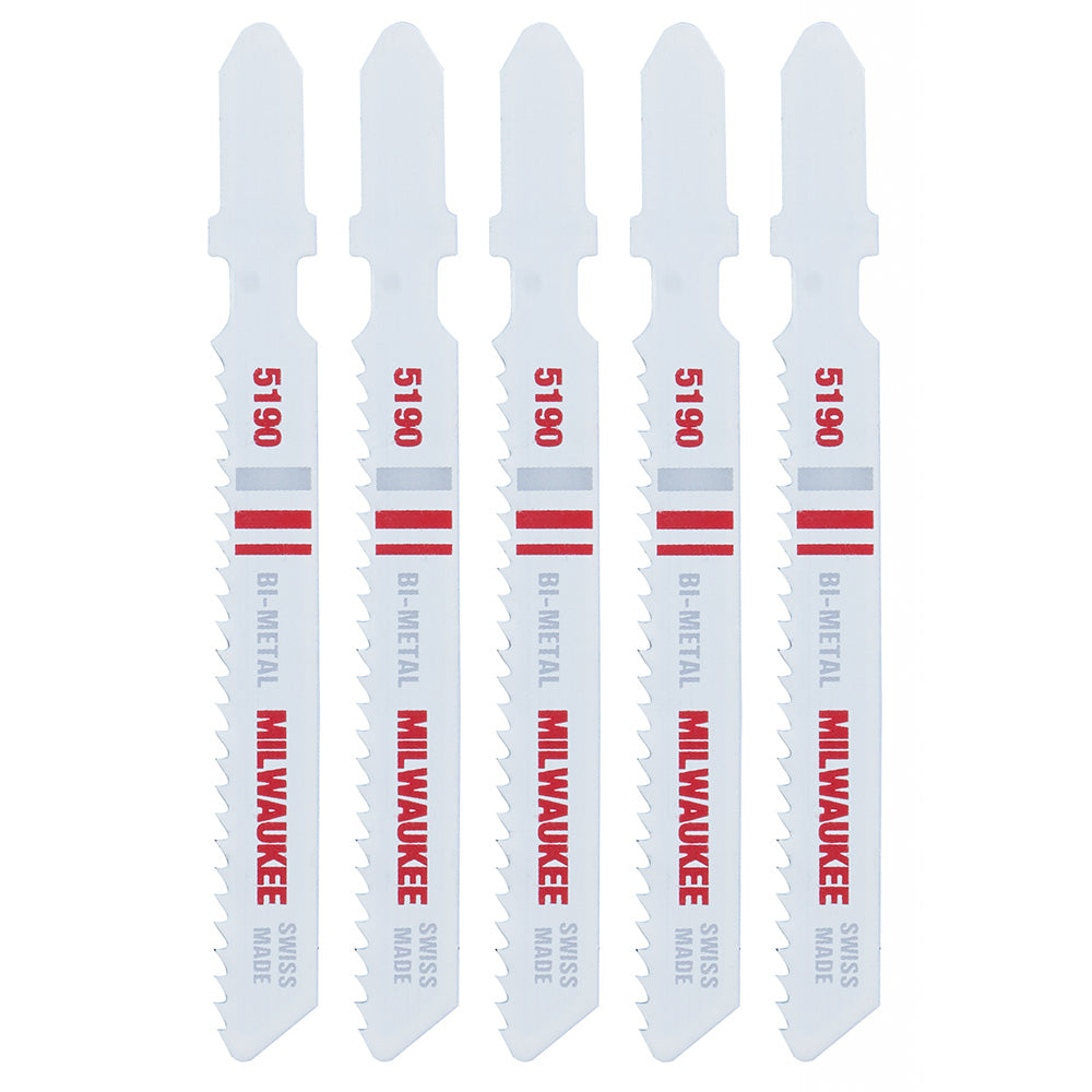 Five Milwaukee 3-inch bi-metal jig saw blades with 14 teeth per inch, marked with red and gray bands.