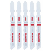 Five Milwaukee 3-inch bi-metal jig saw blades with 14 teeth per inch, marked with red and gray bands.