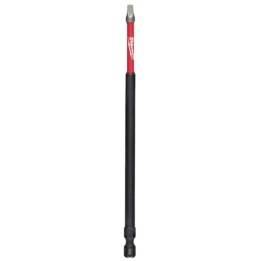 Milwaukee Shockwave 6-inch impact power bit with square recess #3 tip and red and black shaft.