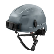 Gray hard hat helmet with black front-mounted BOLT attachment system and adjustable chin strap.