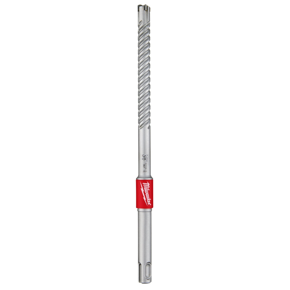 Milwaukee SDS Plus rebar cutter bit with spiral flutes, red band collar, and cylindrical shank.