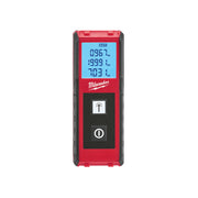Milwaukee red and black laser distance meter with blue LCD screen displaying measurements and two control buttons below scree