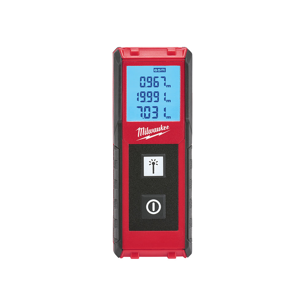 Milwaukee red and black laser distance meter with blue LCD screen displaying measurements and two control buttons below scree