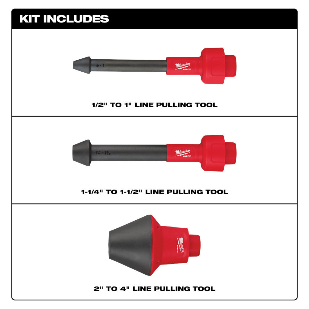 Three Milwaukee AIR-TIP line pulling tools with red handles and black cone tips in varying sizes for different conduit diamet