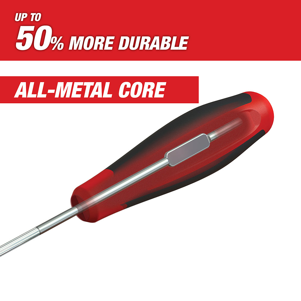 Red and black hook and pick tool with metal shaft and ergonomic handle.