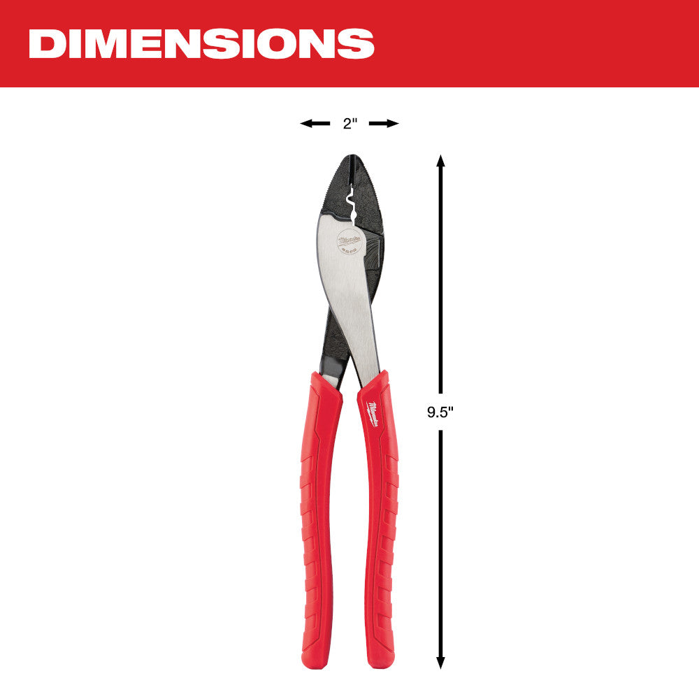 Red and silver crimping pliers with 2" jaw width and 9.5" overall length.