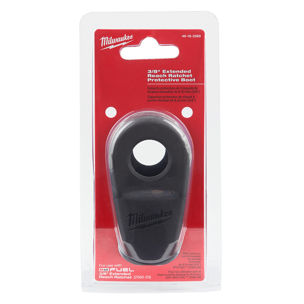 Black rubber protective boot with central hole for 3/8" extended reach ratchet, packaged on red Milwaukee branded card.