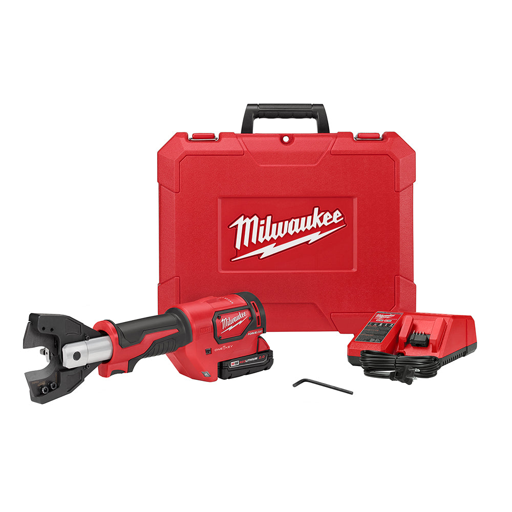 Milwaukee M18 FORCE LOGIC cable cutter kit with red carrying case, battery, charger, and hex key included.