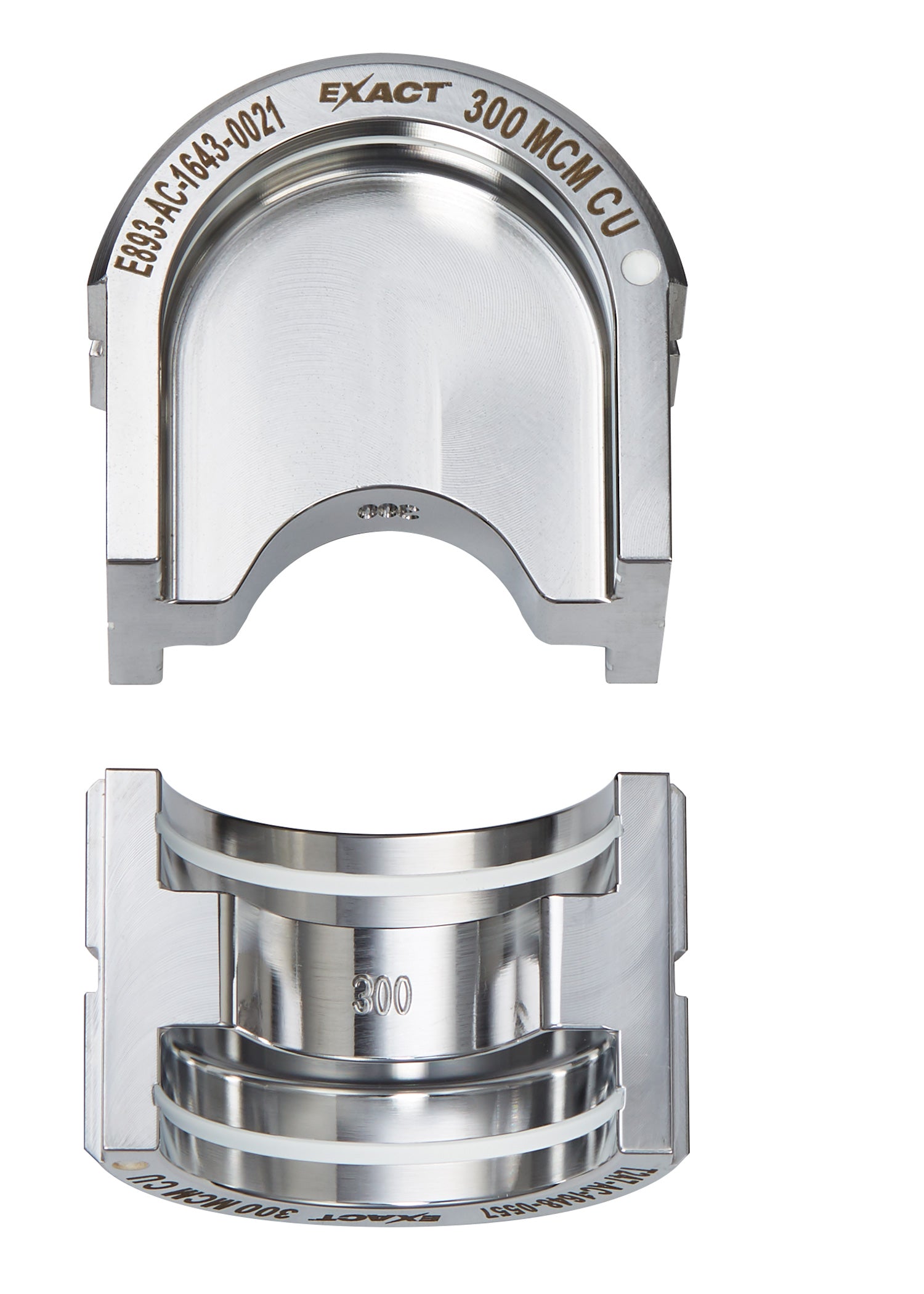 Milwaukee EXACT 300 MCM copper U-style die with gray and silver metal components shown from top and bottom views.