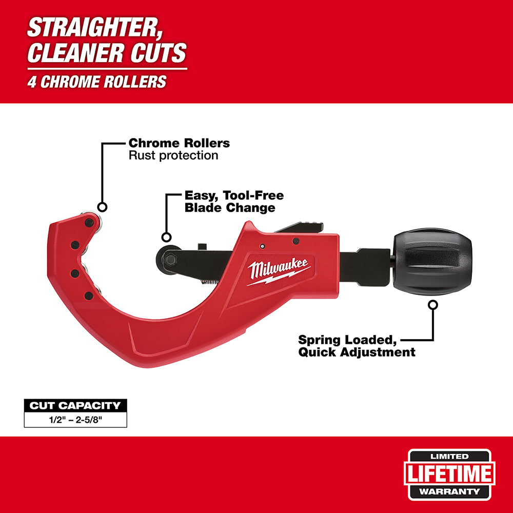 Red and black copper tubing cutter with chrome rollers, quick-adjust knob, and tool-free blade change mechanism.