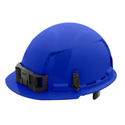 Blue hard hat with front brim, vented crown, black suspension straps, and ratcheting adjustment mechanism on back.