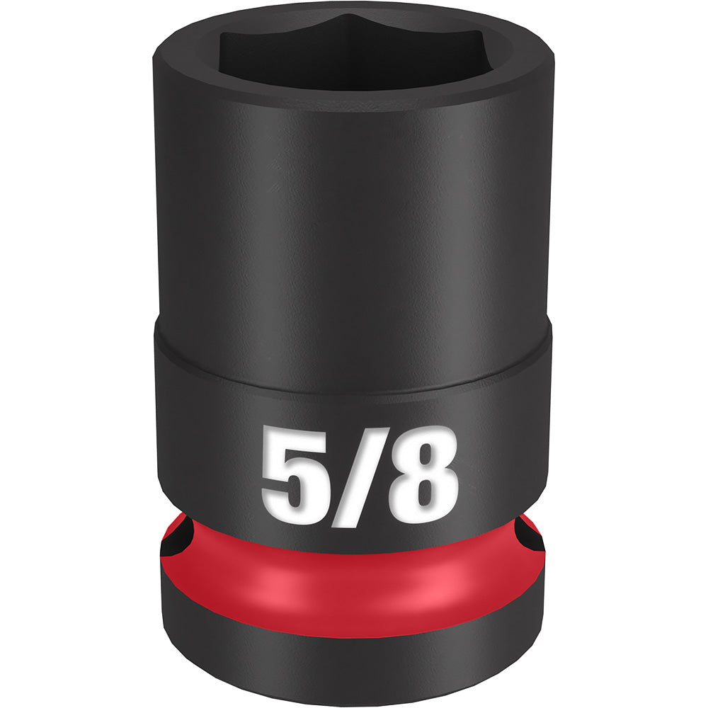 Black impact socket with 6-point hexagonal opening, 5/8" size marking, and red grip band on 1/2" drive base.