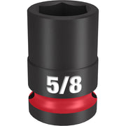 Black impact socket with 6-point hexagonal opening, 5/8" size marking, and red grip band on 1/2" drive base.