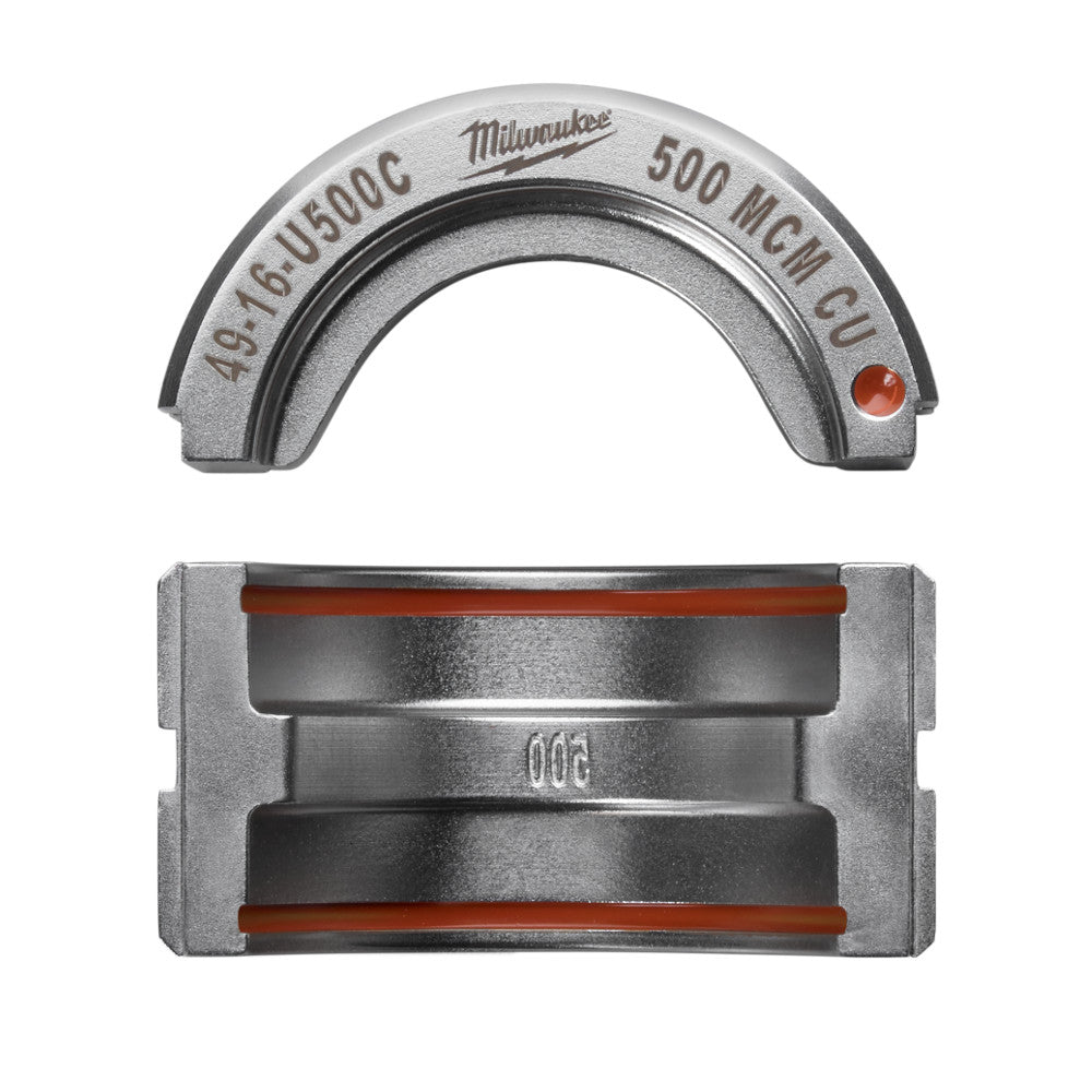 Milwaukee 500 MCM copper U-style die with arched top and rectangular base component, marked with model number and specificati