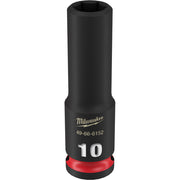 Black Milwaukee deep socket with 10MM size marking, red base ring, and hexagonal opening on top.