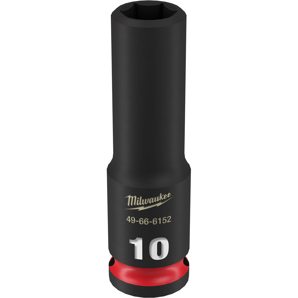 Black Milwaukee deep socket with 10MM size marking, red base ring, and hexagonal opening on top.