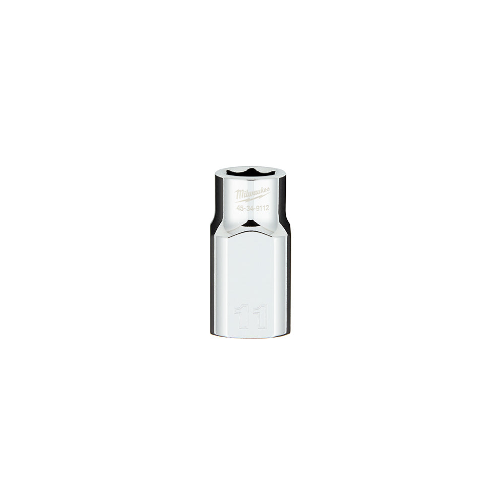 Milwaukee 1/2 inch drive 11MM metric socket with six-point head and four flat sides.