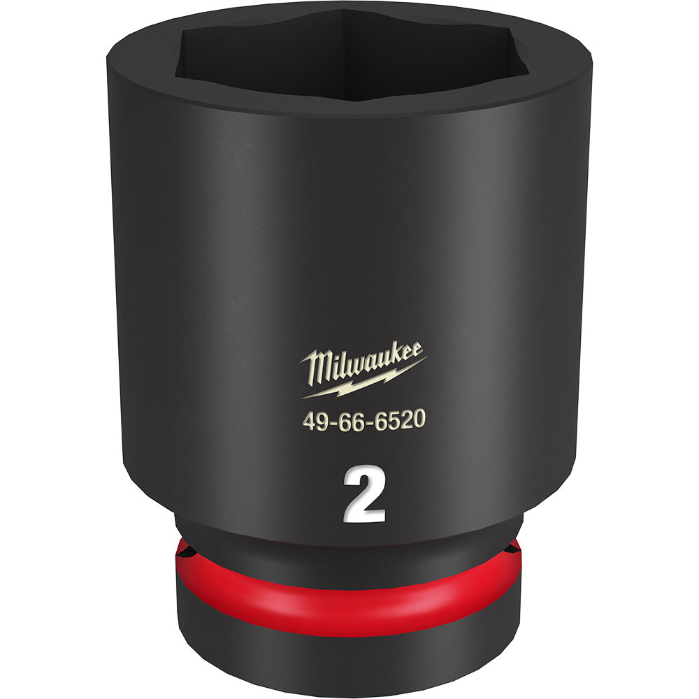 Black Milwaukee deep socket with hexagonal opening, red grip band near base, and product markings on body.