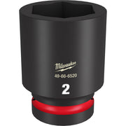Black Milwaukee deep socket with hexagonal opening, red grip band near base, and product markings on body.