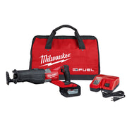 Milwaukee M18 FUEL reciprocating saw kit with red carrying bag, battery, charger, and power cord.