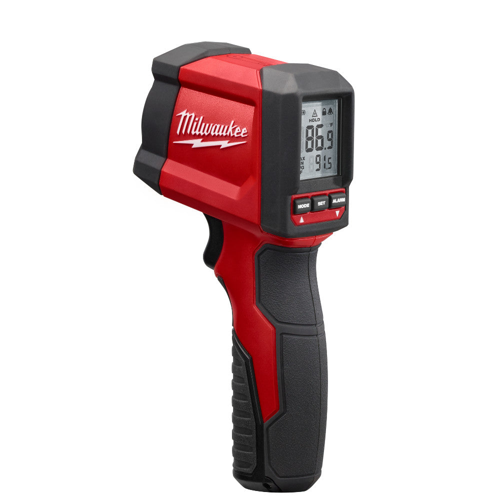Milwaukee infrared temperature gun with red and black body, digital display showing temperature readings, and control buttons
