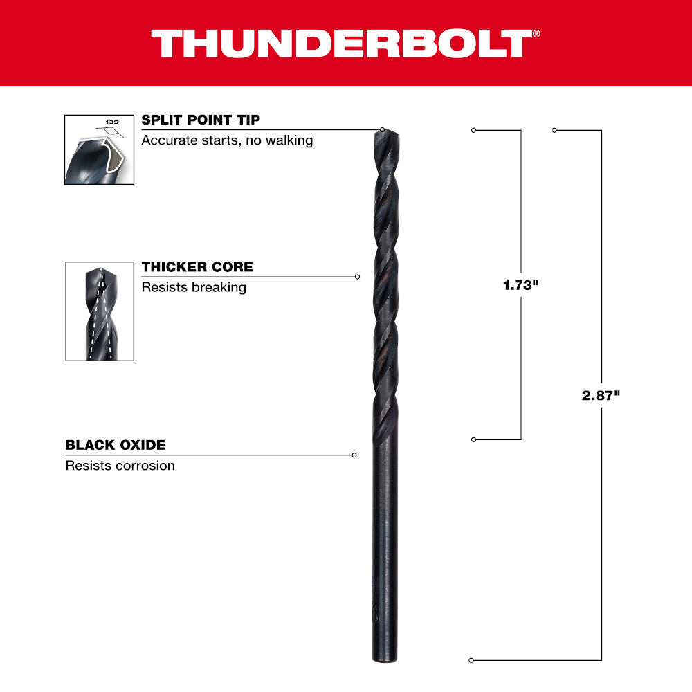 Black oxide twist drill bit with split point tip and labeled specifications showing 1.73" and 2.87" measurements.