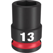 Black 13MM 3/8" drive socket with six-point opening and red grip ring band.