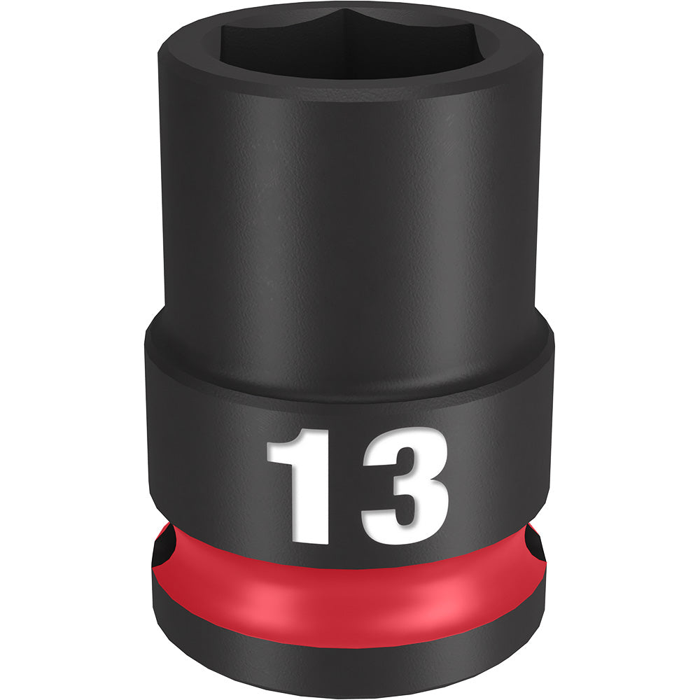Black 13MM 3/8" drive socket with six-point opening and red grip ring band.