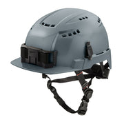 Gray hard hat helmet with front brim, vented crown, black chin strap, and front-mounted BOLT attachment system.