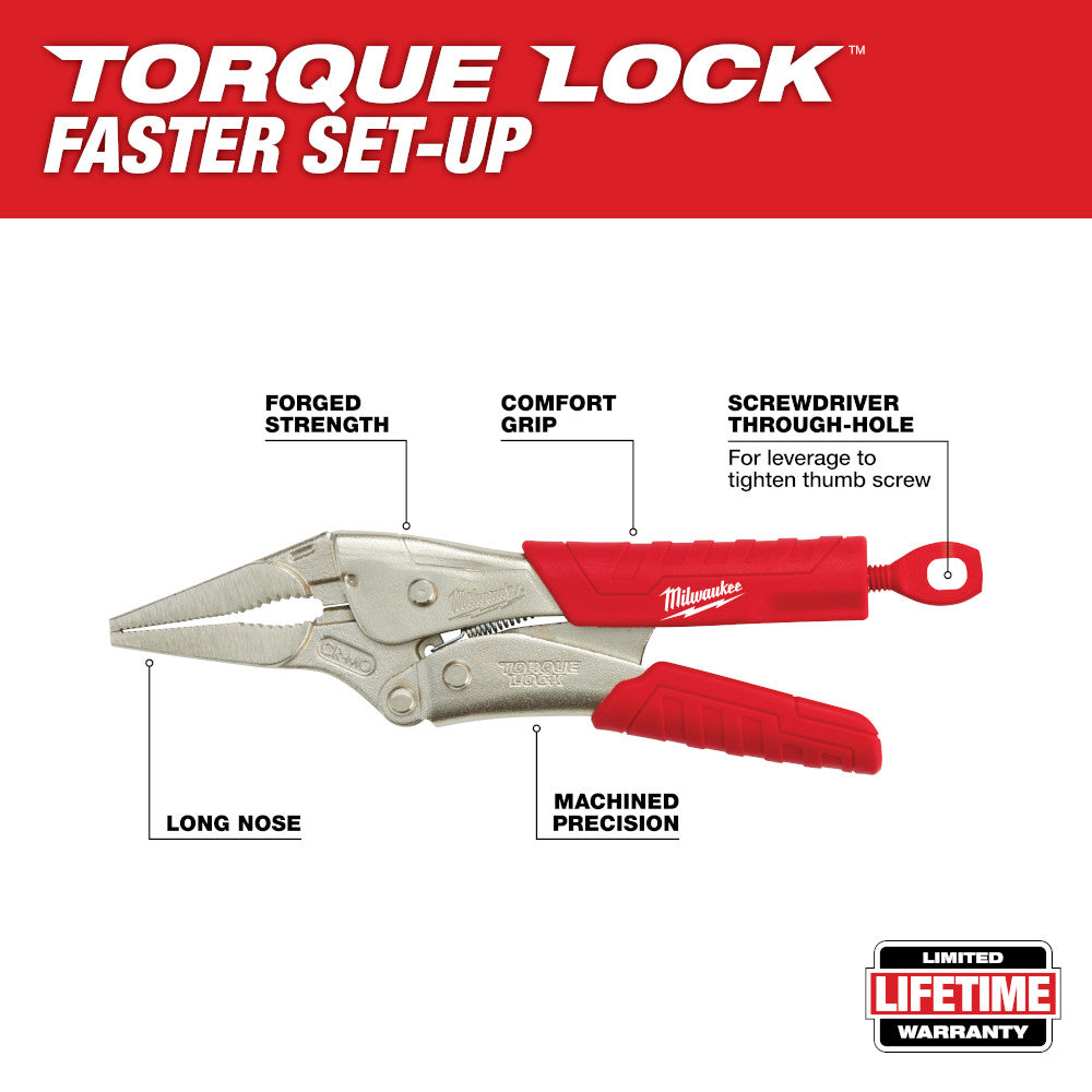 Milwaukee 9-inch long nose locking pliers with red comfort grip and forged metal construction shown with labeled features.
