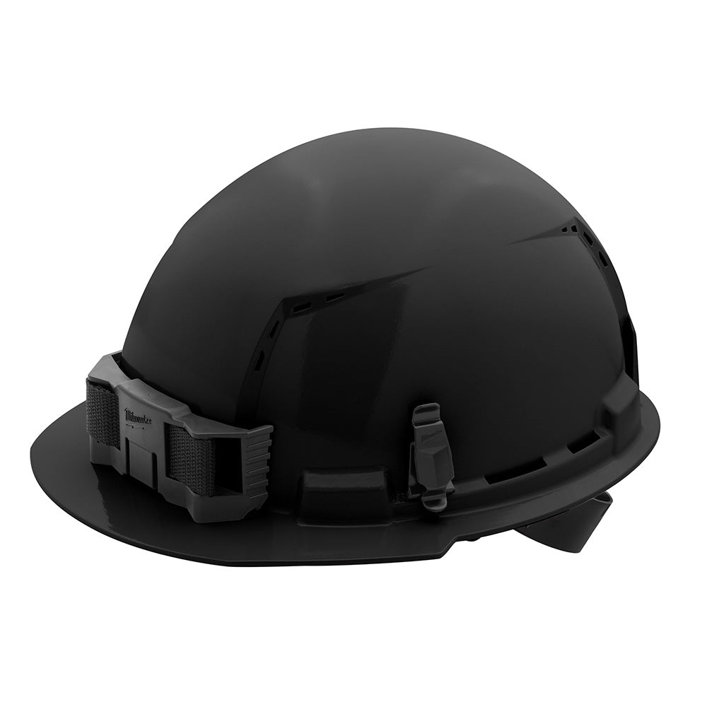 Black hard hat with front brim, vented dome crown, and ratcheting suspension system on sides.