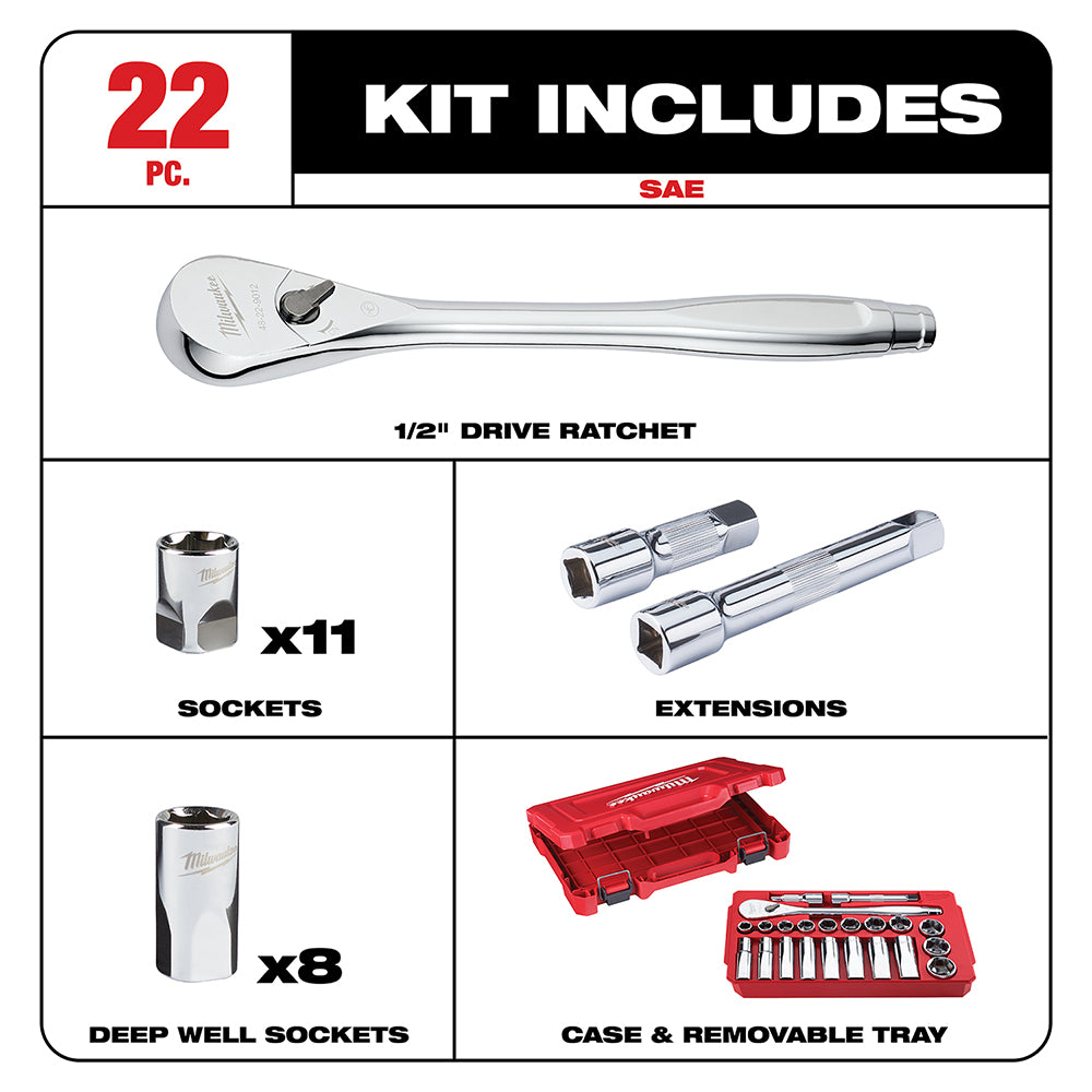 22-piece 1/2 inch socket wrench set with ratchet, sockets, extensions, and red carrying case with tray.