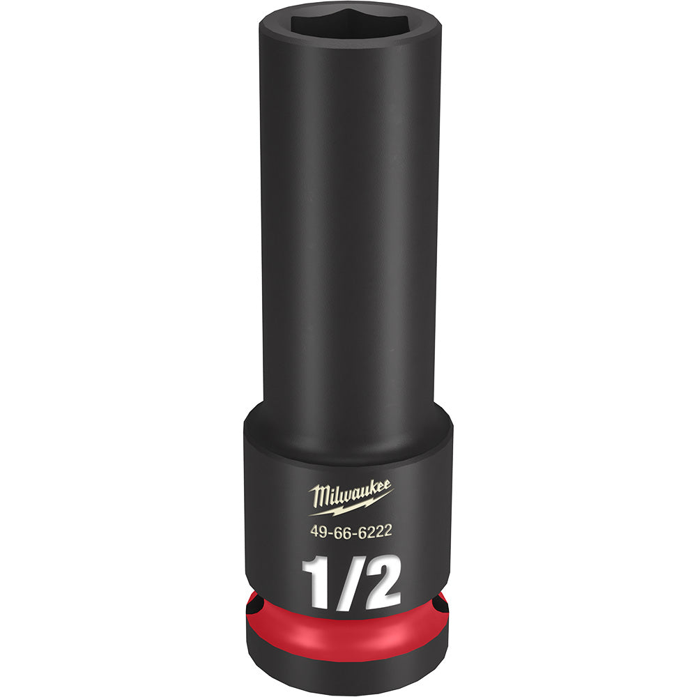 Black Milwaukee Shockwave Impact Duty socket with red band and 1/2" hexagonal opening on top.