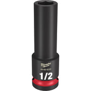 Black Milwaukee Shockwave Impact Duty socket with red band and 1/2" hexagonal opening on top.